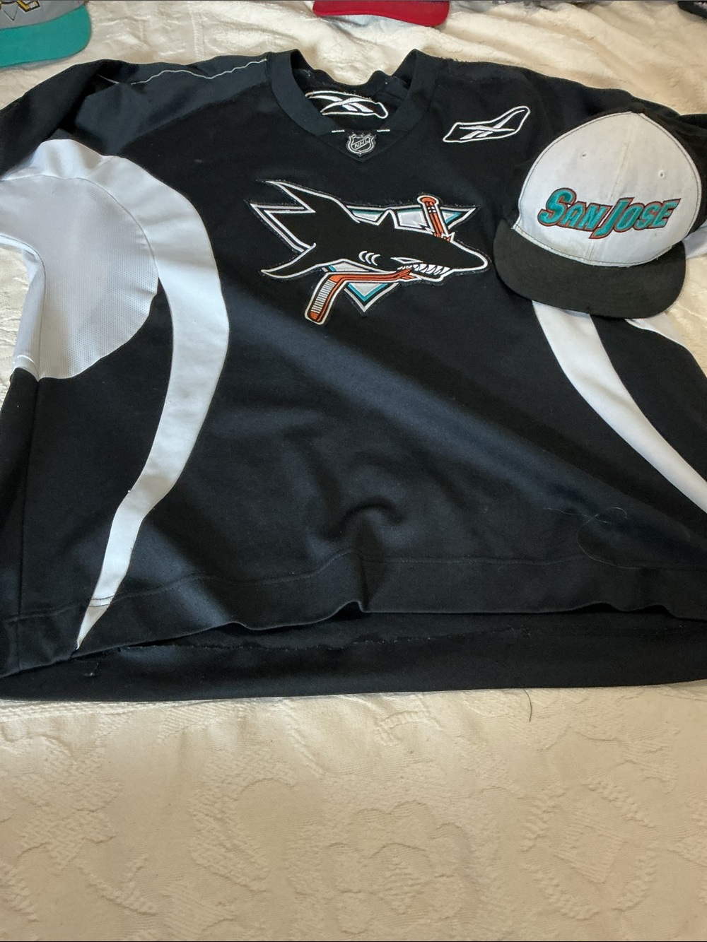 San Jose Sharks Black Teal Hockey Jersey with Matching Cap